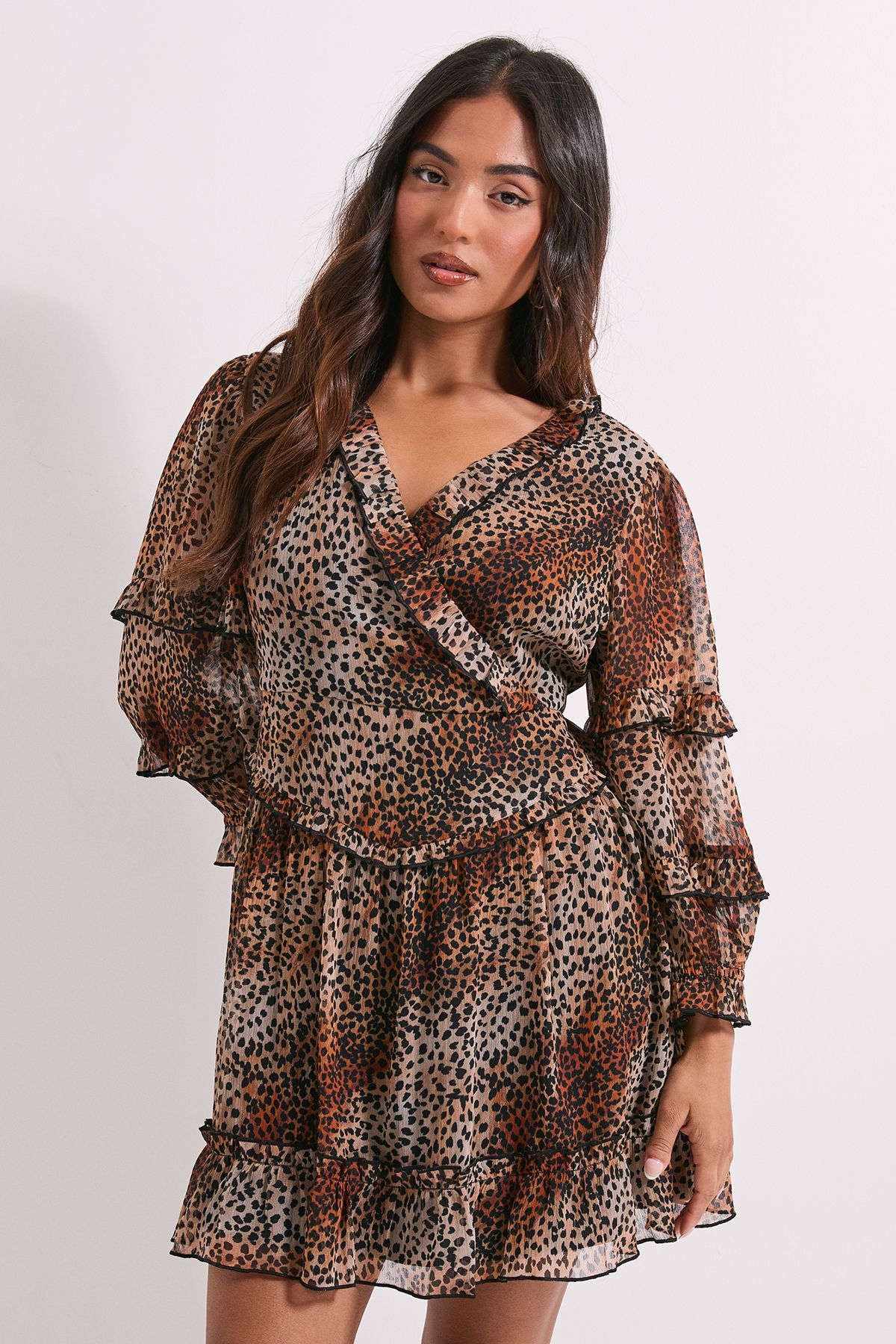 Dorothy Perkins Petite Animal Ruffle Trim Wrap Front Printed Mini Dress