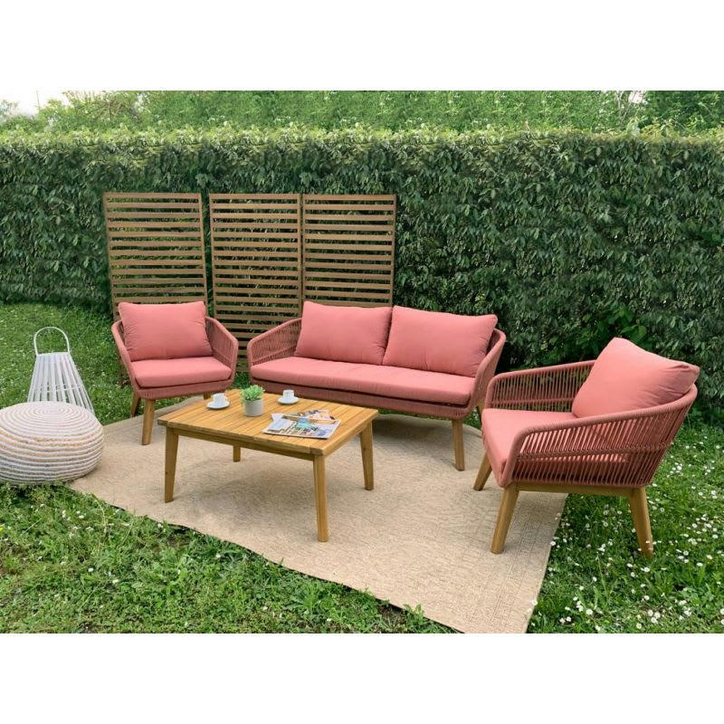 MALA - Salon de jardin en bois d'acacia 5 places  corde coussins terracotta