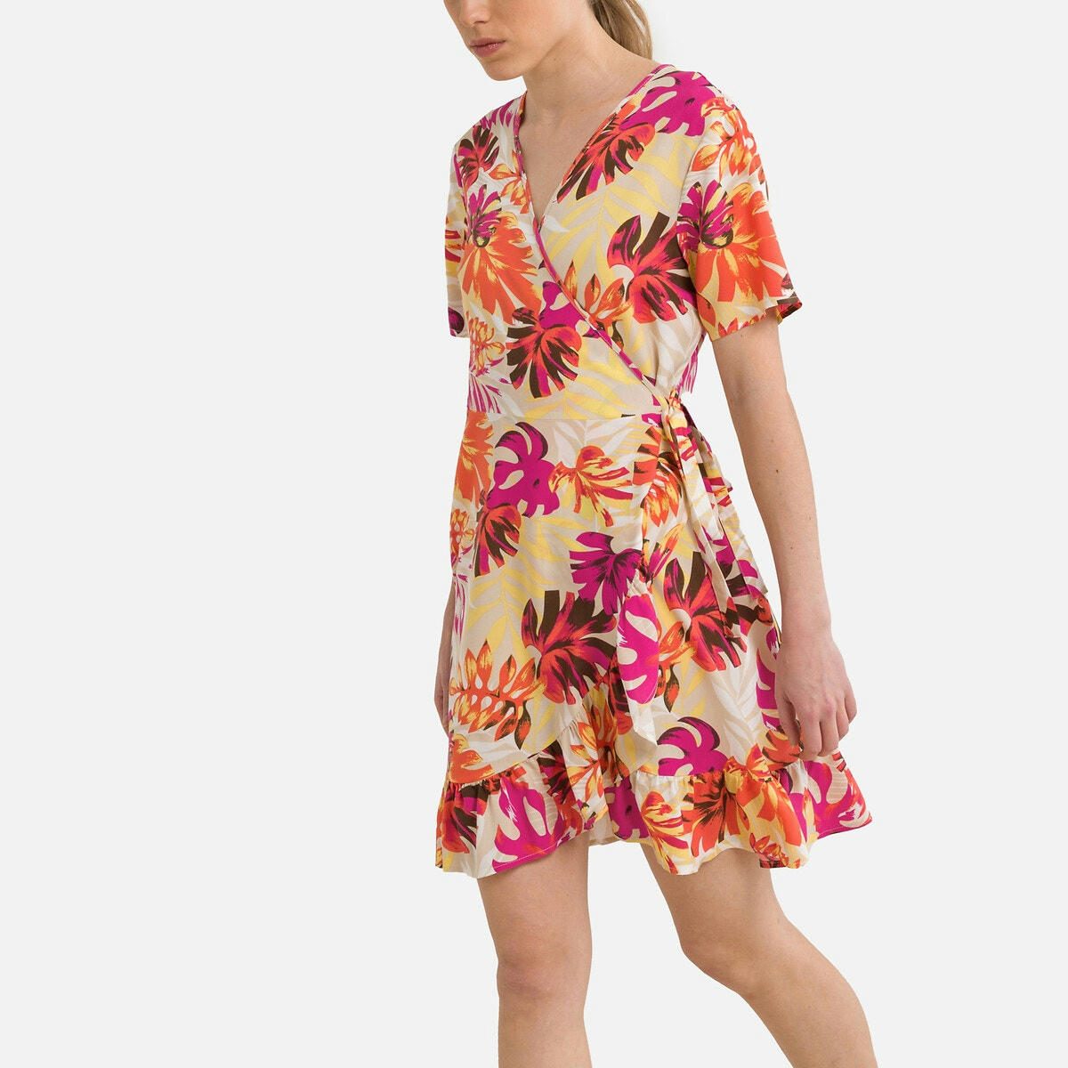 Robe courte imprimé feuillage, col V
