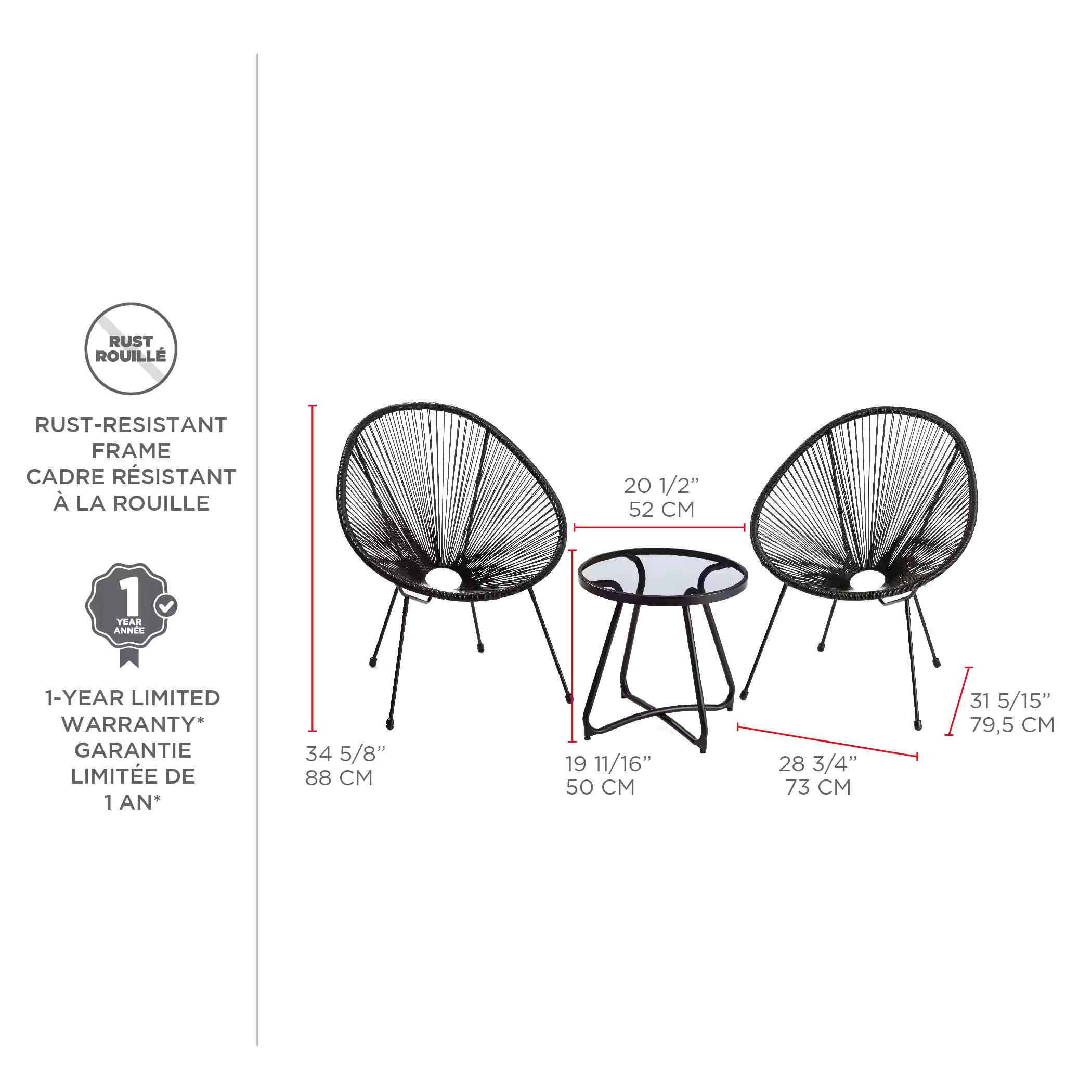 CANVAS Acapulco All-Weather Wicker Outdoor/Patio Conversation Set w/Glass Tabletop, 3-pc