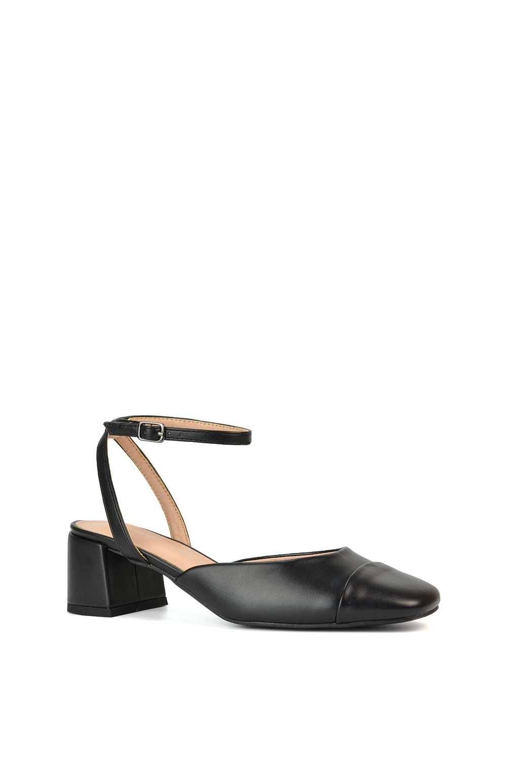 XY London Mavis' Low Mid Heel Square Toe Court Shoes With Ankle Strap