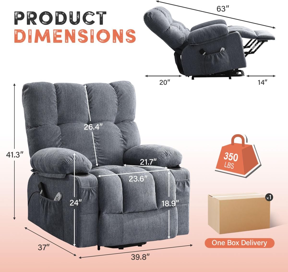 BOSMILLER Power Lift Recliner Chair with Massage and Heat for Elderly, Electric Recliner Single Sofa with Two Cup Holders, Extended Footrest, Side Pocket and USB Charge Port for Living Room