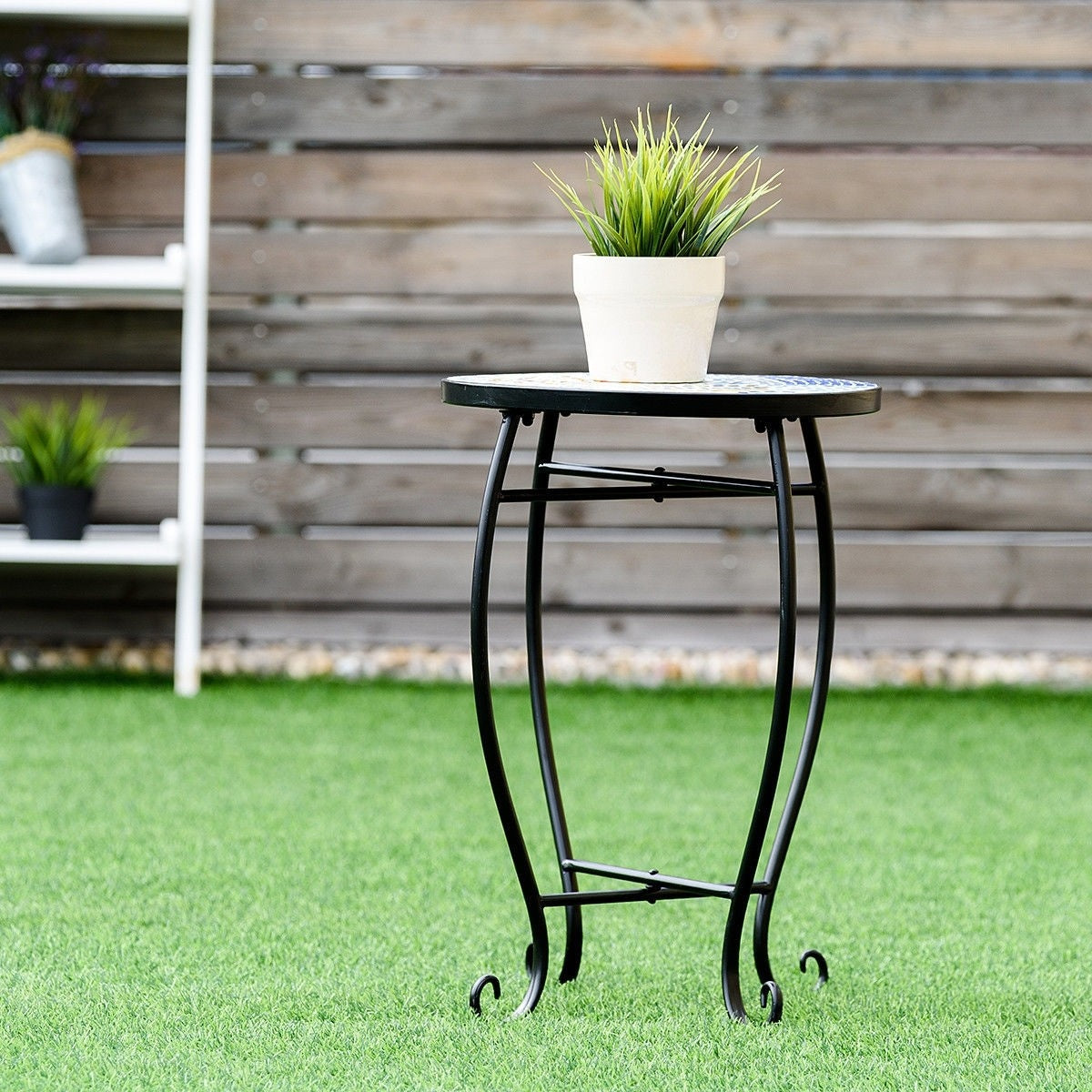 Outdoor Indoor Steel Round Accent Table Mosaic Plant Stand Cobalt Table