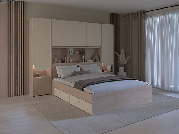 Lit pont 140 x 190 cm avec rangements - Avec LEDs - Coloris : Beige et naturel   Sommier   Matelas - DOMELITO