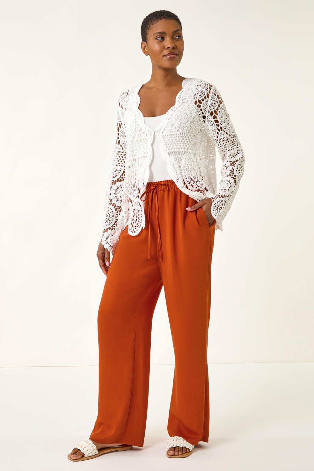Roman Elastic Waist Wide Leg Pocket Trouser