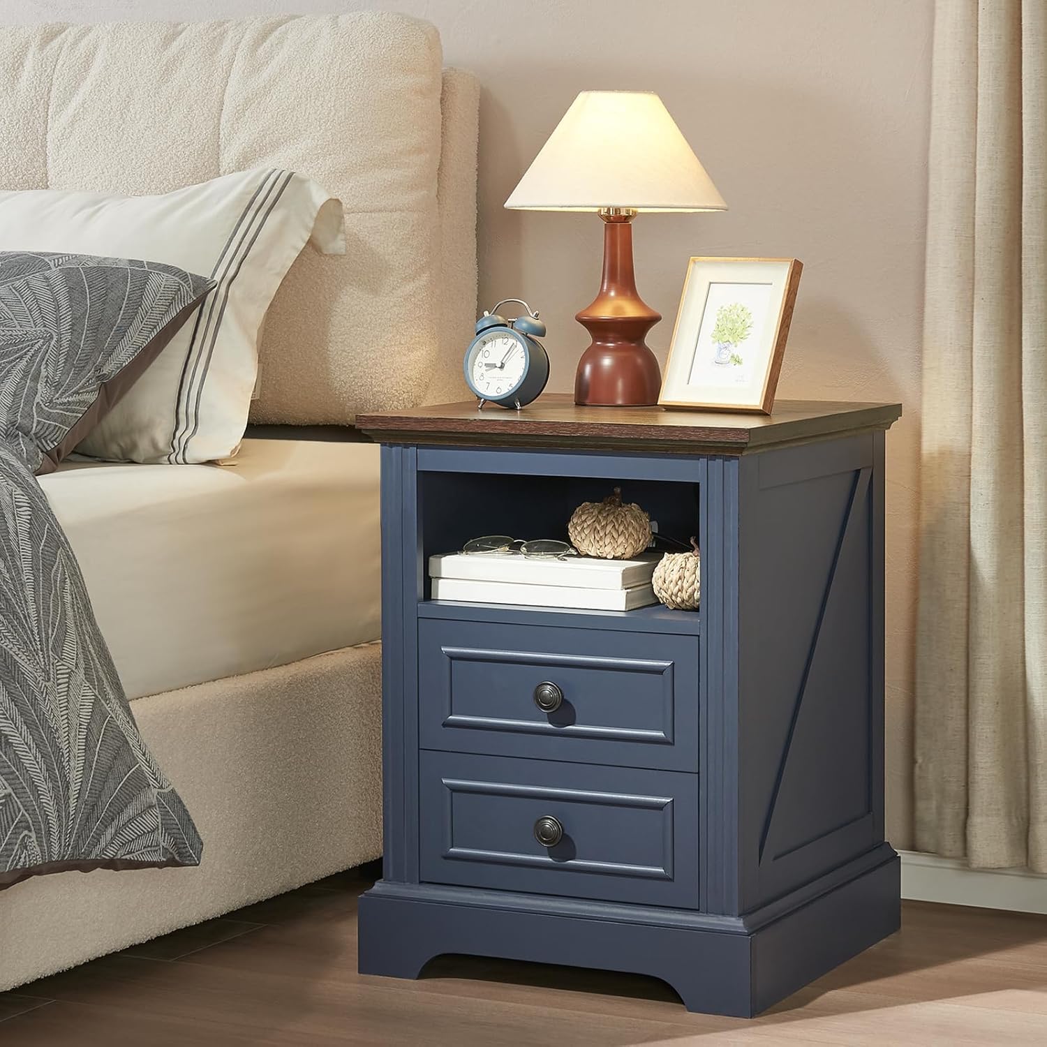 QUW Nightstand Set of 2 with Charging Station, Side Table with 2 Drawers and Open Storage, 18 Retro Bedside Table, End Table for Bedroom, Living Room, Blue
