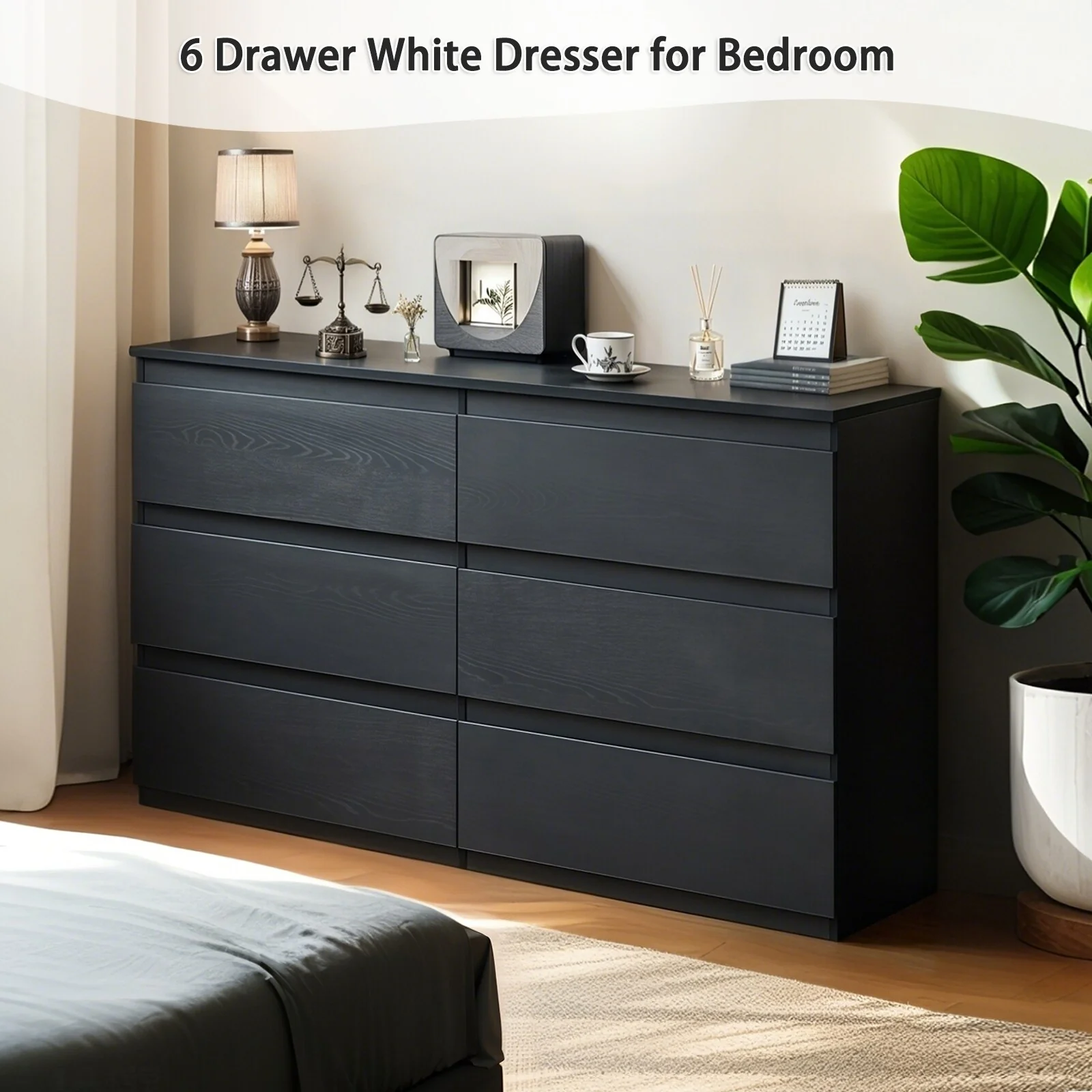 6 Drawer Black Dresser, Modern Bedroom Dresser with Spacious Countertop, Wood Storage Cabinet with Concealed Handles