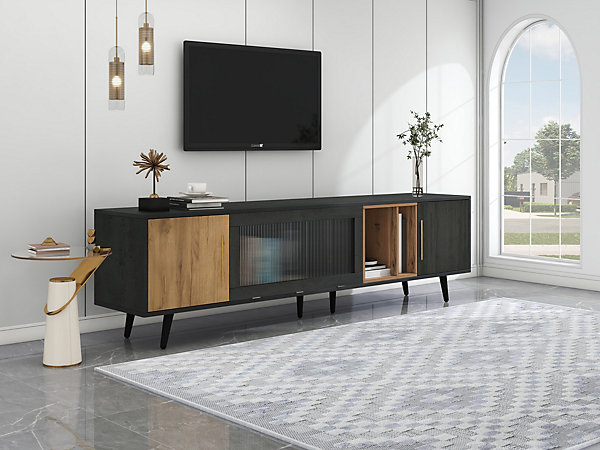 Meuble TV 200x40x55,5 cm en MDF gris avec portes latérales et porte vitrée basculante, design contemporain
