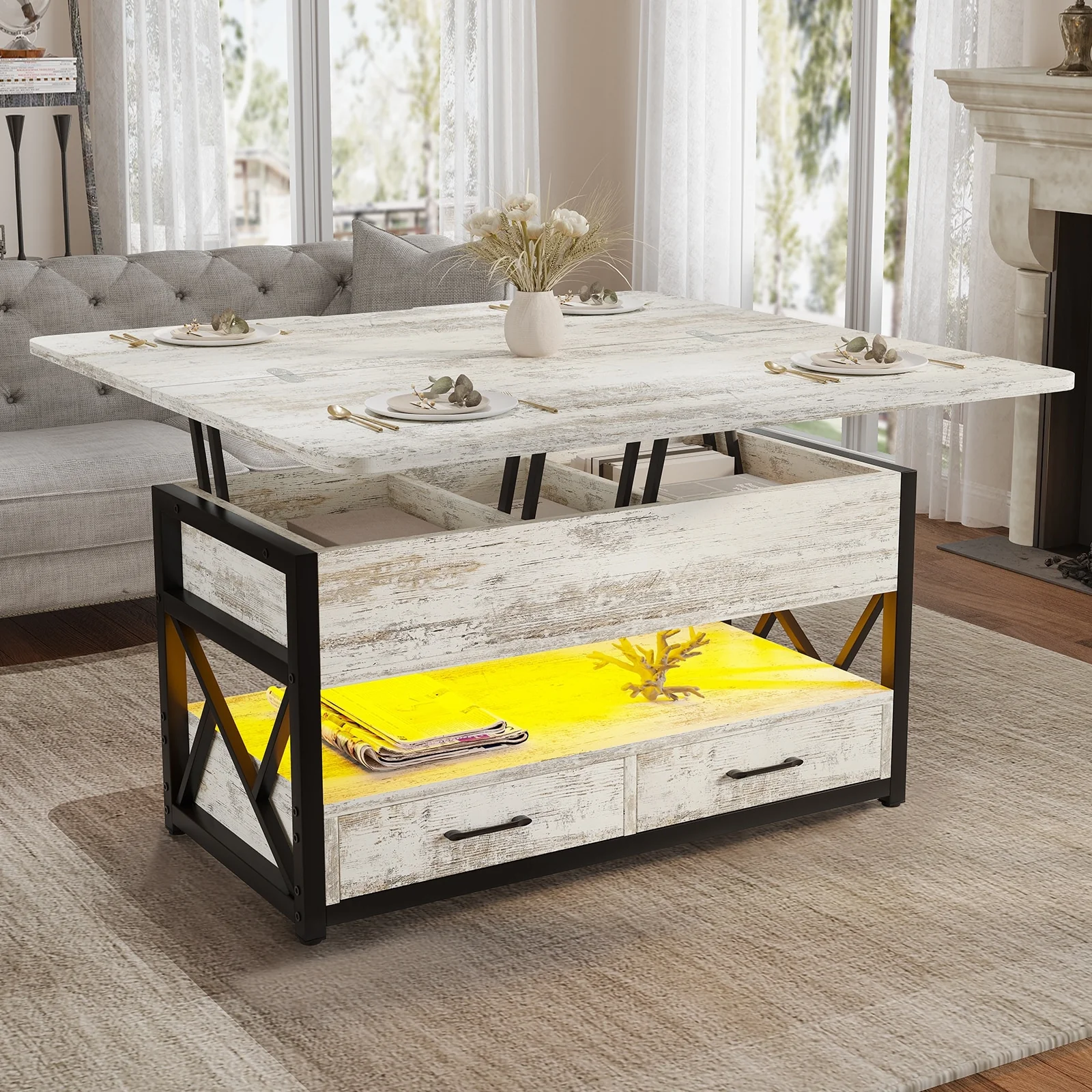 Coffee Table Lift Top 2 Drawers Hidden Compartment for Living Room