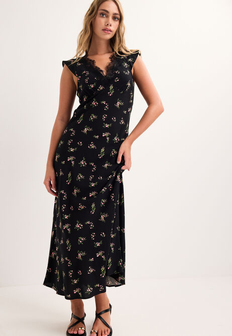 Womens Black Ditsy Lace Trim Midi Dress