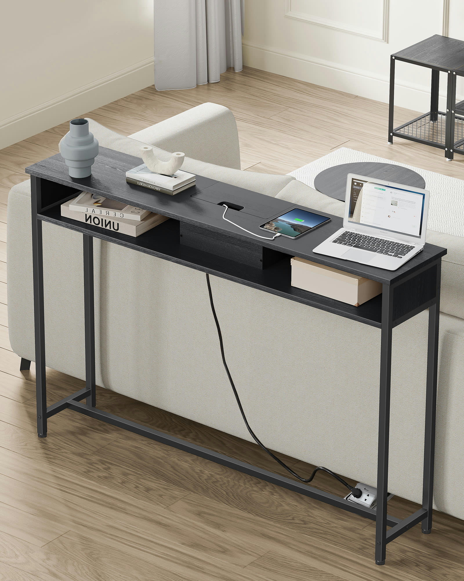 - Table console avec multiprise effet bois noir