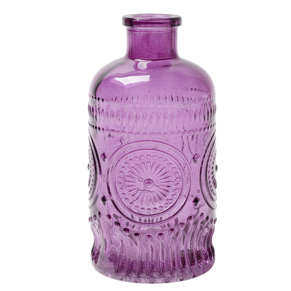 Vase verre coloré forme bouteille décor relief Ø6xH13cm (3 modèles)
