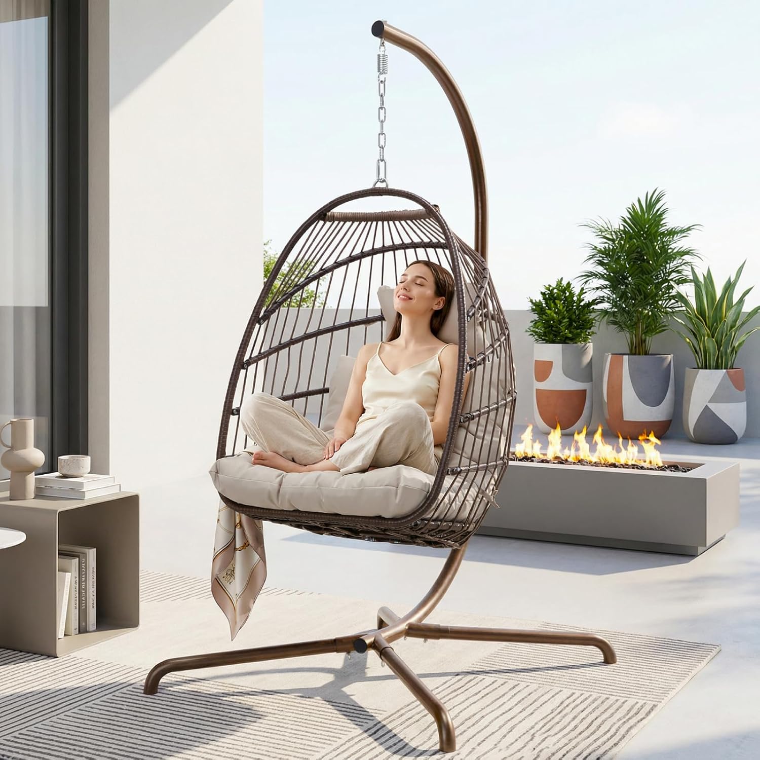 NICESOUL Swing Egg Chair Indoor Outdoor, Patio Wicker Hanging Chair with Stand, All Weather Egg Hammock Chairs with Cushions, 350lbs Durable Birthday Gift Swinging Chair for Backyard Balcony, Brown