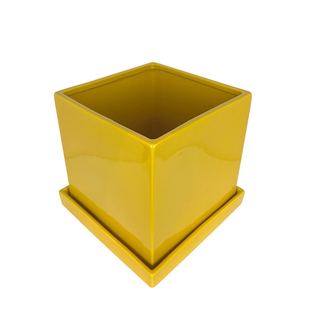 Capri Decorative Garden Square Ceramic Planter with Saucer, 6-in, Yellow