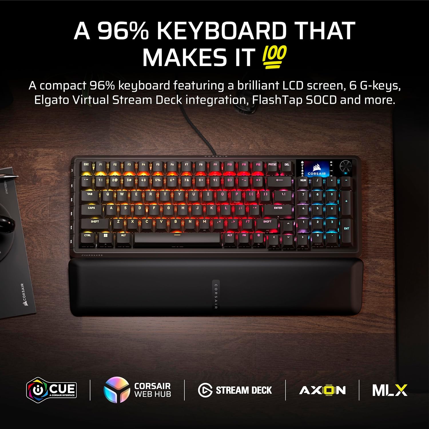 Corsair Vanguard 96 Wired Mechanical Gaming Keyboard – 96% Layout, MLX Fusion Tactile Switches, 8000Hz Polling, LCD Display, Virtual Stream Deck, G-Keys, SOCD Flashtap, QWERTY US – Black