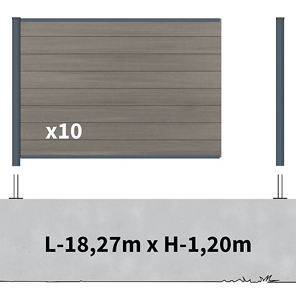 Kit clôture composite sur muret poteau sur platines - CRUZ Argent H-1,2m