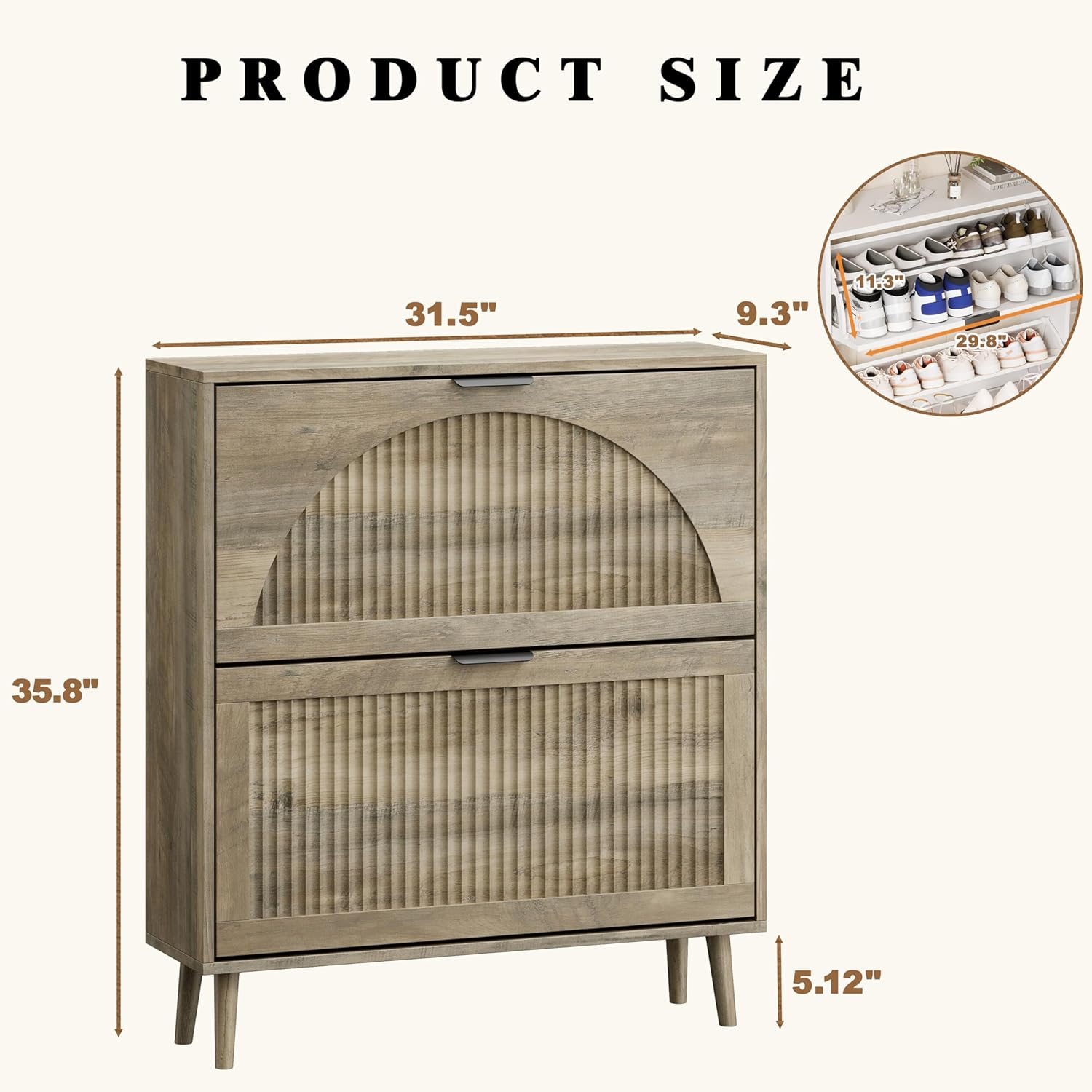 Shoe Storage Cabinet with 2 Flip Drawers, Narrow Wood Shoe Organizer Cabinet with Fluted Panel, Slim Shoe Rack for Entryway, Freestanding Shoe Cabinet for Living Room, Hallway, Grey