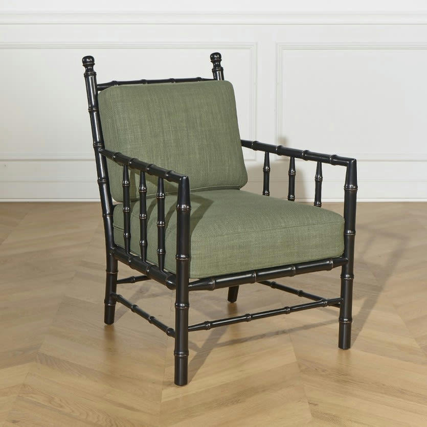 CATHERINE - Fauteuil colonial en bois laqué noir et tissu aspect lin vert kaki
