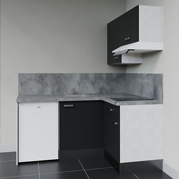 Kitchenette KA02 façades Noir - Plan de travail Gris béton - Crédences : Oui - Evier inox - Electroménager Blanc inclus