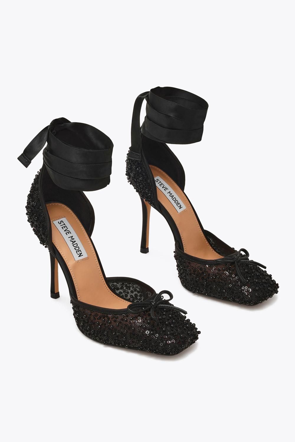 STEVE MADDEN Larina Black Sequin' Fabric Heels