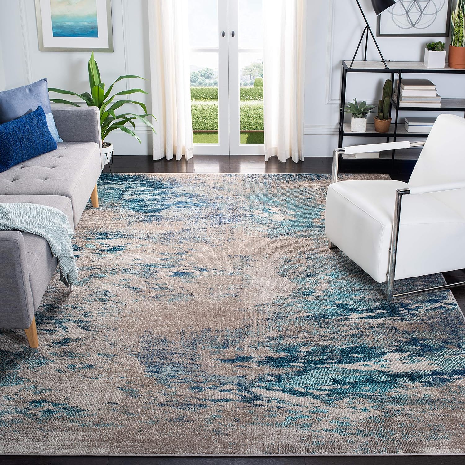 SAFAVIEH Madison Collection X-Large Area Rug - 12' x 18', Blue & Grey, Modern Boho Abstract Design, Non-Shedding & Easy Care, Ideal for High Traffic Areas in Living Room, Bedroom (MAD440M)