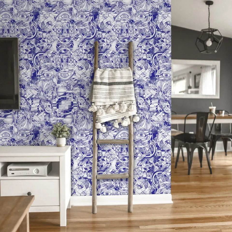 Walls4You behang surrealistisch motief blauw en wit - 53 cm x 10 m