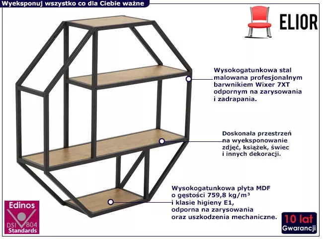 Nowoczesna loftowa półka ścienna w kolorze dębu - Luro