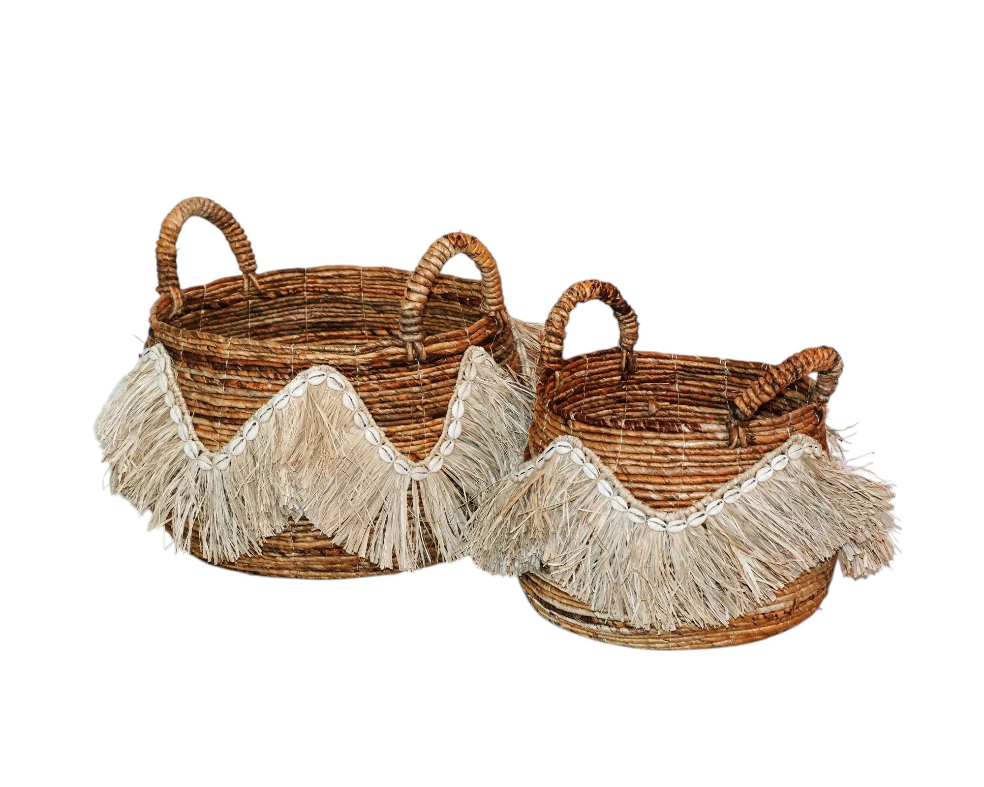 Decoratieve Opbergmanden Set van 2 – Handgevlochten Bananenstam / Bananenvezel Mand met Schelpen & Raffia – Boho Stijl – Met Handvatten - 52x52x35cm