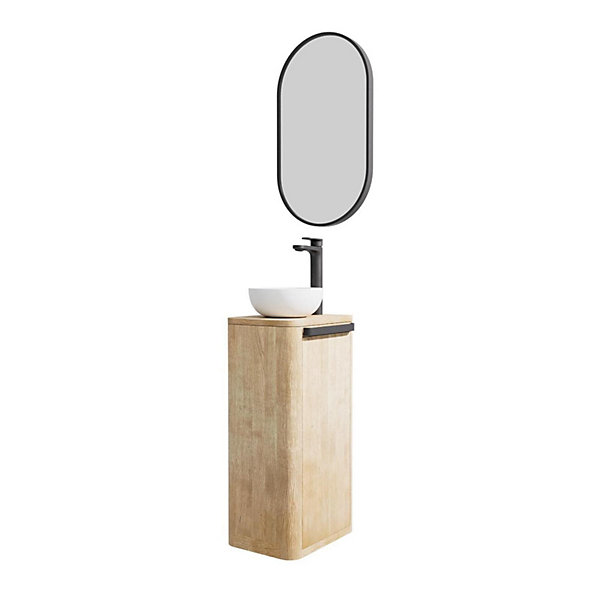 Ensemble lave-mains totem en chêne massif avec vasque et miroir ovale
