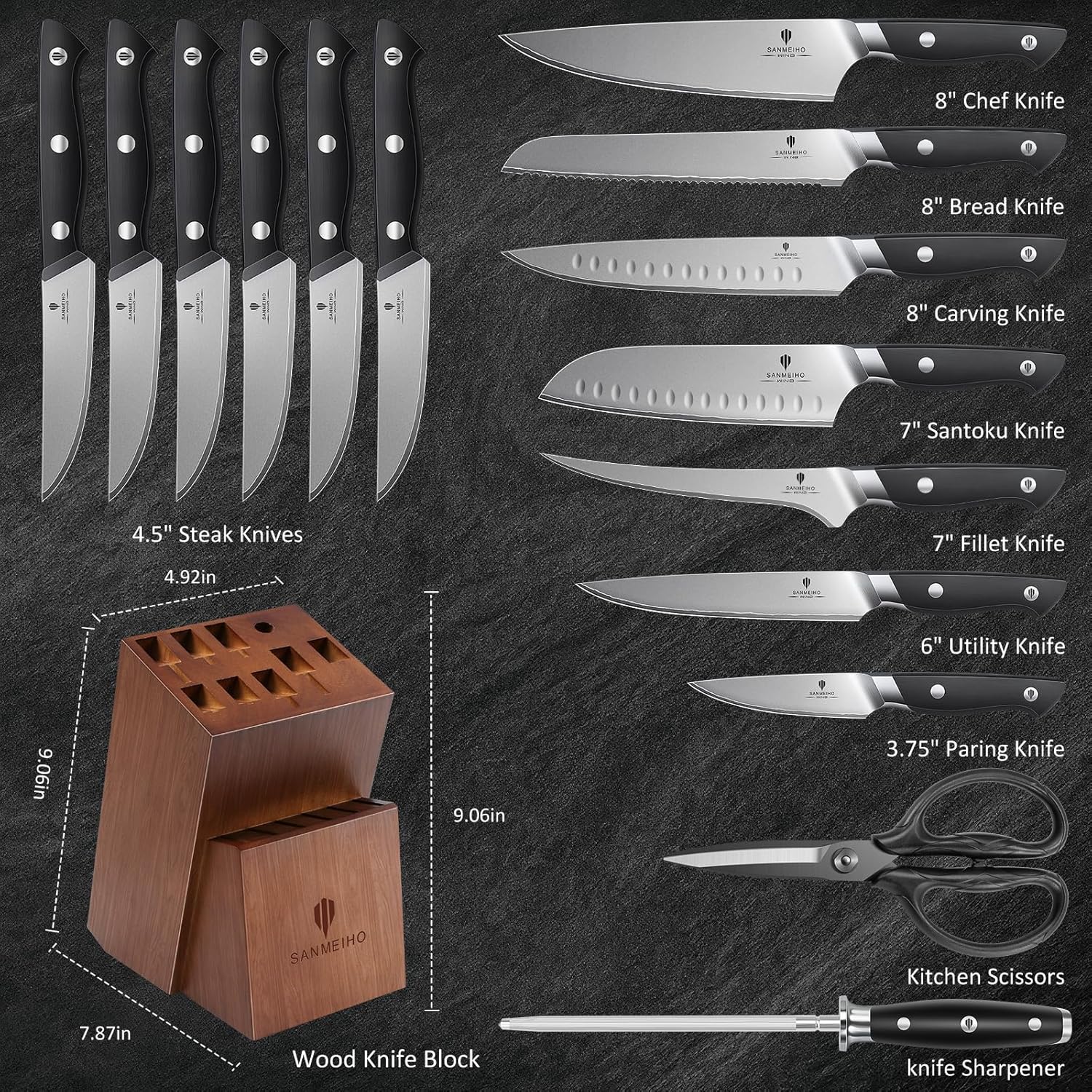 16 PCS Knife Set with Block, Japanese Kitchen Knife Set with 5 Layers High Carbon 9Cr18Mov Stainless Steel, Ultra-Sharp Professional Chef Cooking Knives with Ergonomic Handle, Dishwasher Safe