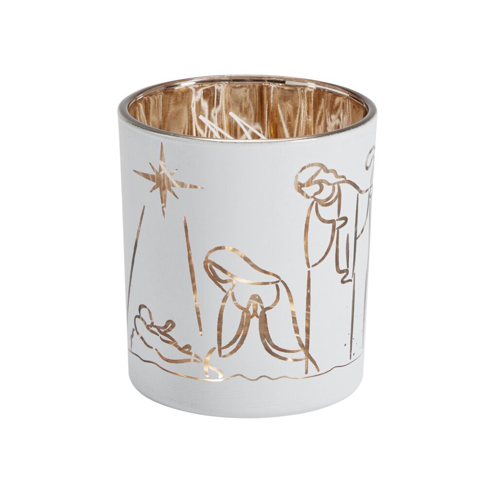 Photophore de No&euml;l ajouré scène nativité Merry Christmas Ø7xH8cm (2 modèles)