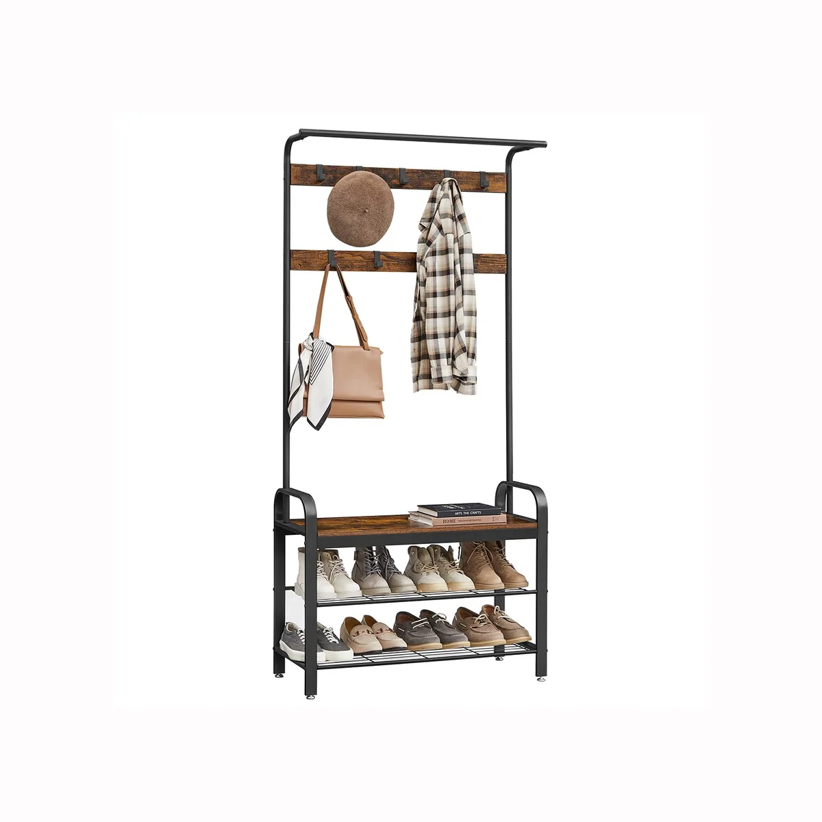 VASAGLE Coat Rack, Hall Tree with Shoe Bench for Entryway, Industrial Accent Furniture with Steel Frame, 3-in-1 Design