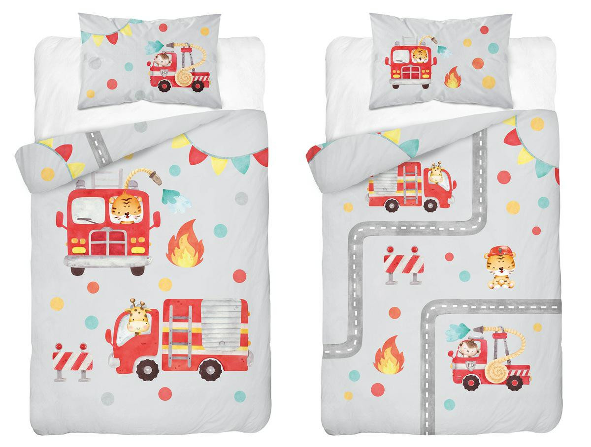 Pościel bambusowa dziecięca 90x120 szara ze strażą pożarną – Baby Bamboo