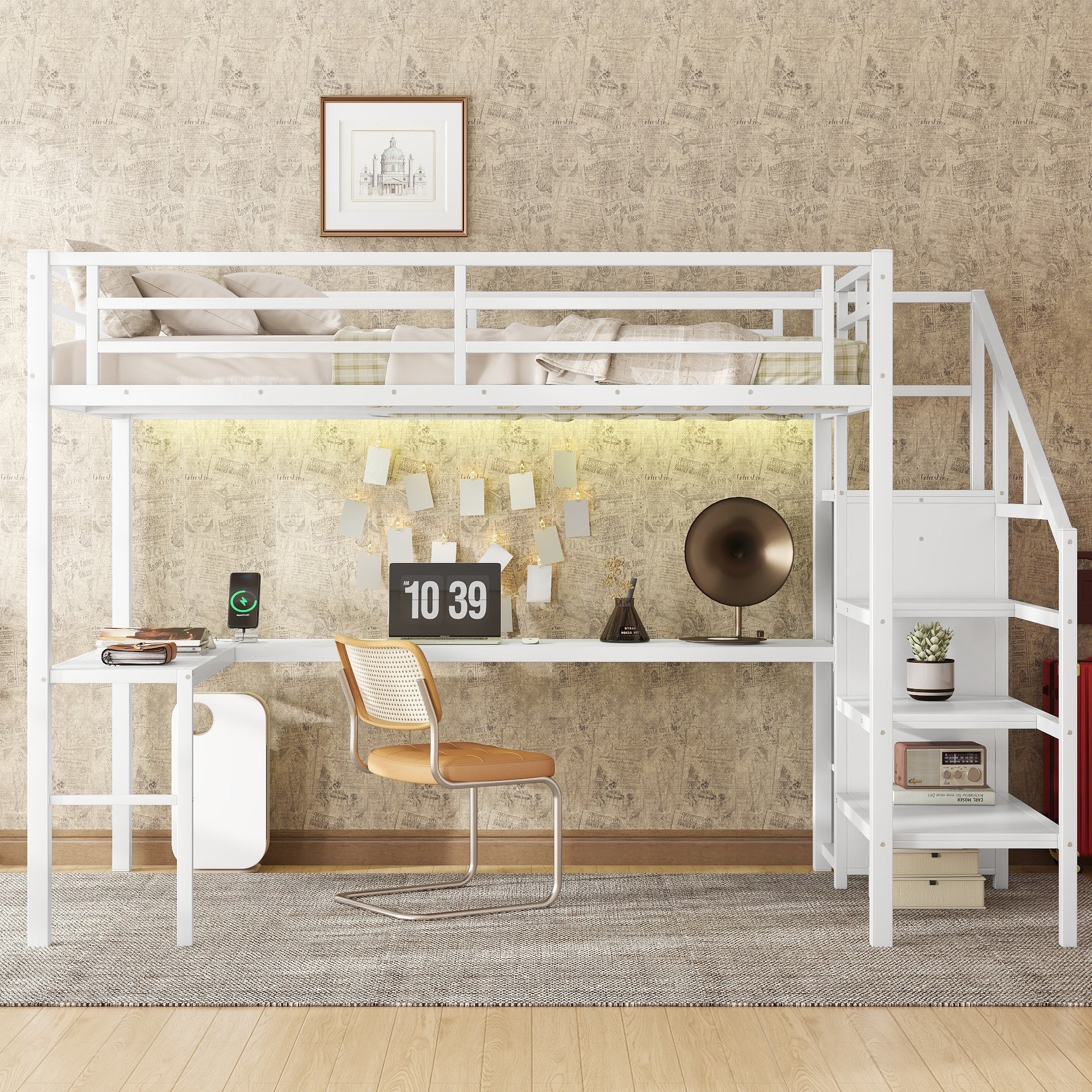 Full Size Loft Bed with L-shaped Desk and USB, Metal Loft Bed with Wardrobe and Adjustable Shelf, High Loft Bed with LED