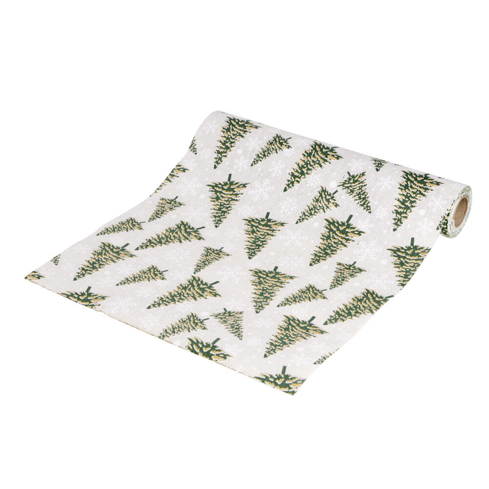Chemin de table No&euml;l blanc motifs sapins et flocons 3m