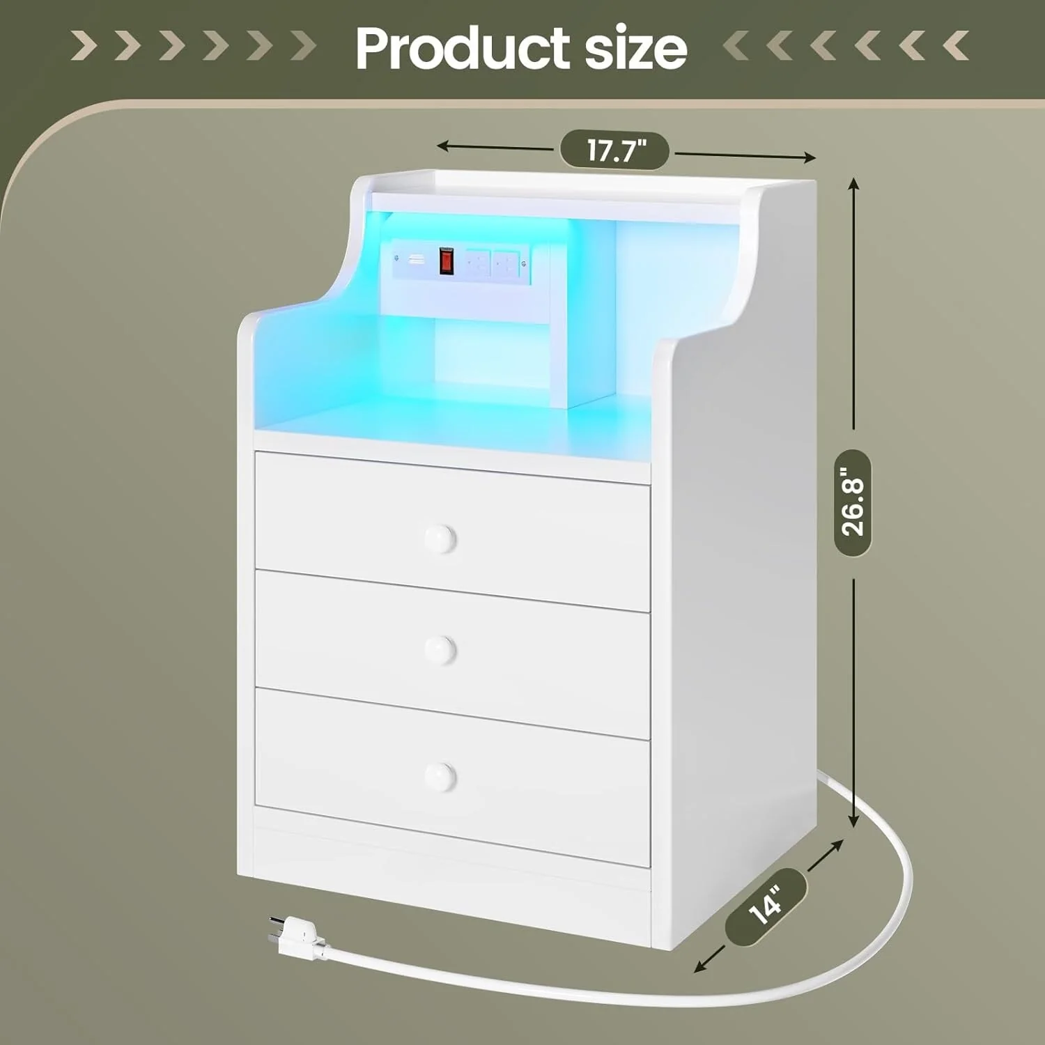 Nightstand 3 Drawers Shelves Charging Station and LED Lights