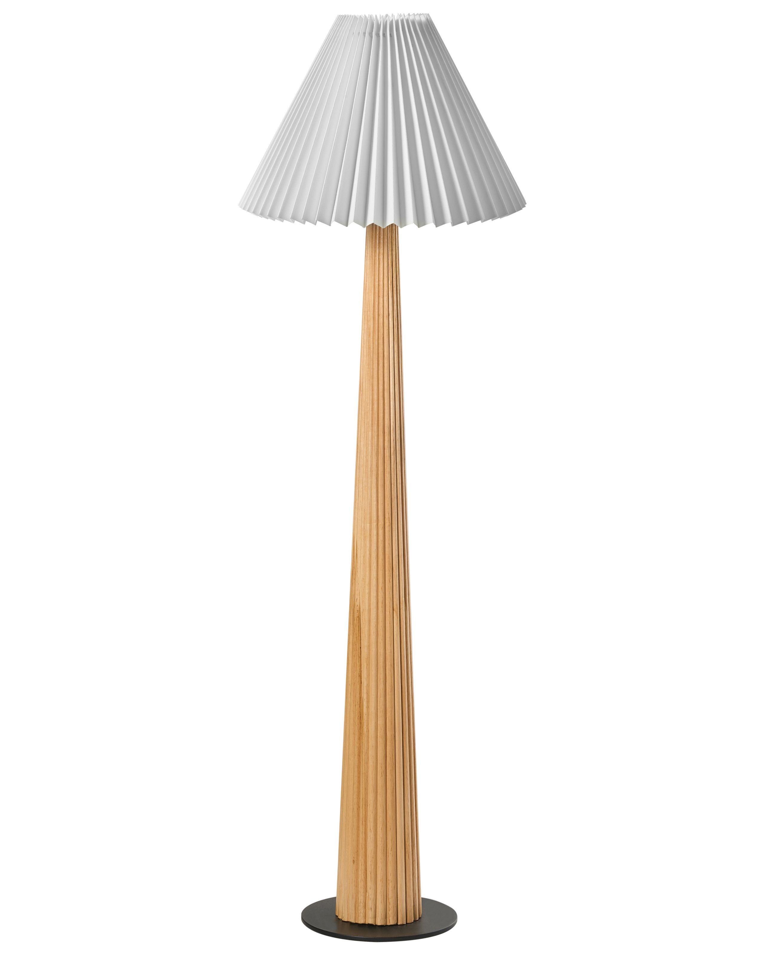 Lampa stojąca drewno kauczukowe klosz z tkaniny naturalna
