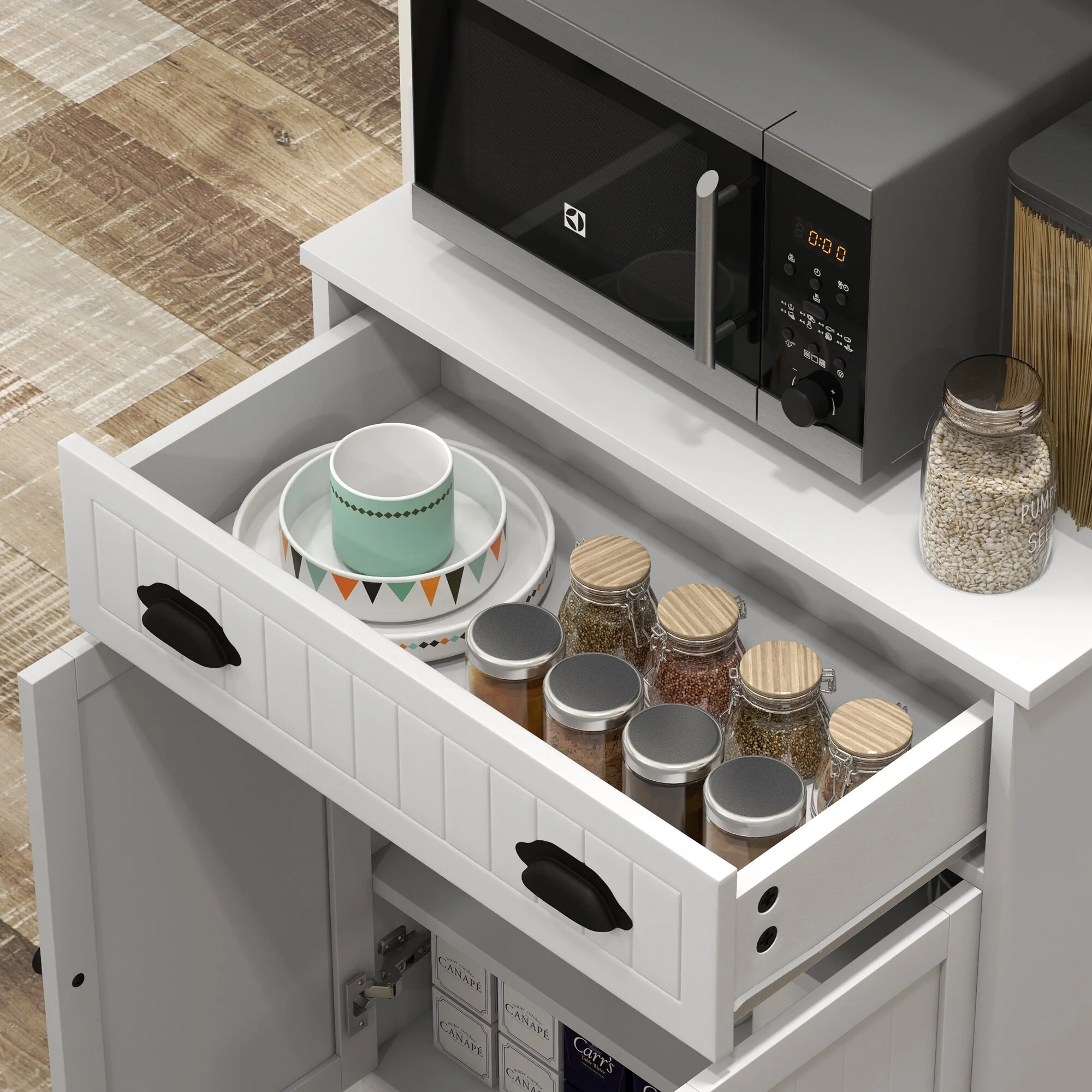 Microwave Cabinet with Storage Drawer, Cable Hole, Double Door Cabinet and Adjustable Shelf, Storage Cabinet for Kitchen