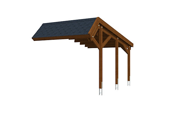 Extension pour Carport SKAN HOLZ Harz 303x560cm, avec bardeaux noirs, bois résineux imprégné, traitement coloré noyer