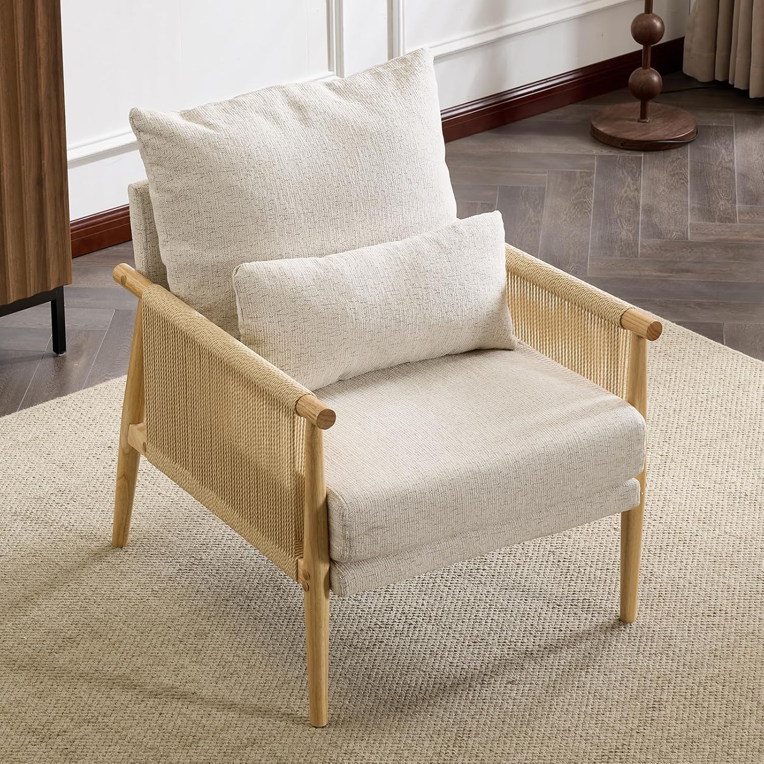 Karl home Cozy Chenille Accent Chair with Lumbar Pillow & Rattan Arms Modern Lounge Chair for Living Room, Bedroom, Reading Nook, Gray