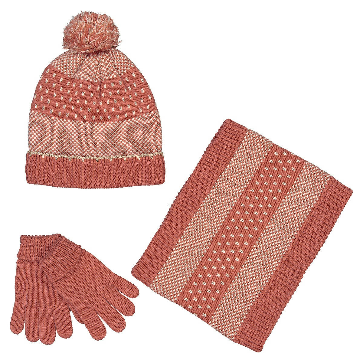 Ensemble bonnet à pompon + snood + gants brillants