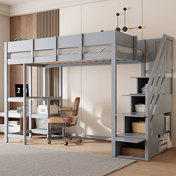 Lit mezzanine 90x200 cm - Lit avec rangement et étagère intégrée - Pin massif - Sans matelas - Gris