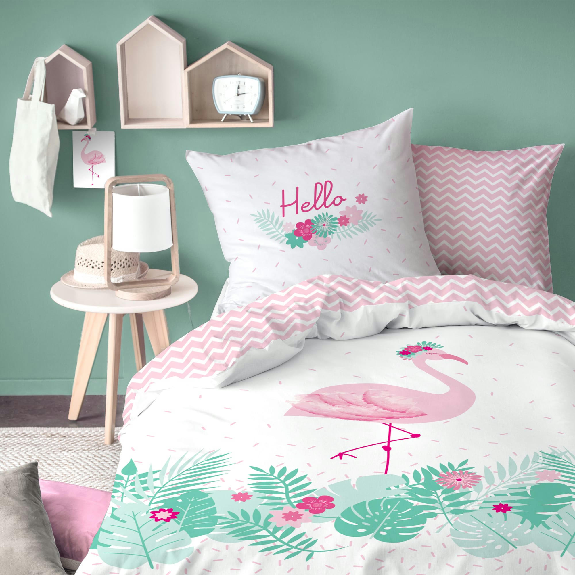 FLAMANT ROSE - Parure de lit imprimée en coton Rose 140x200+63x63cm