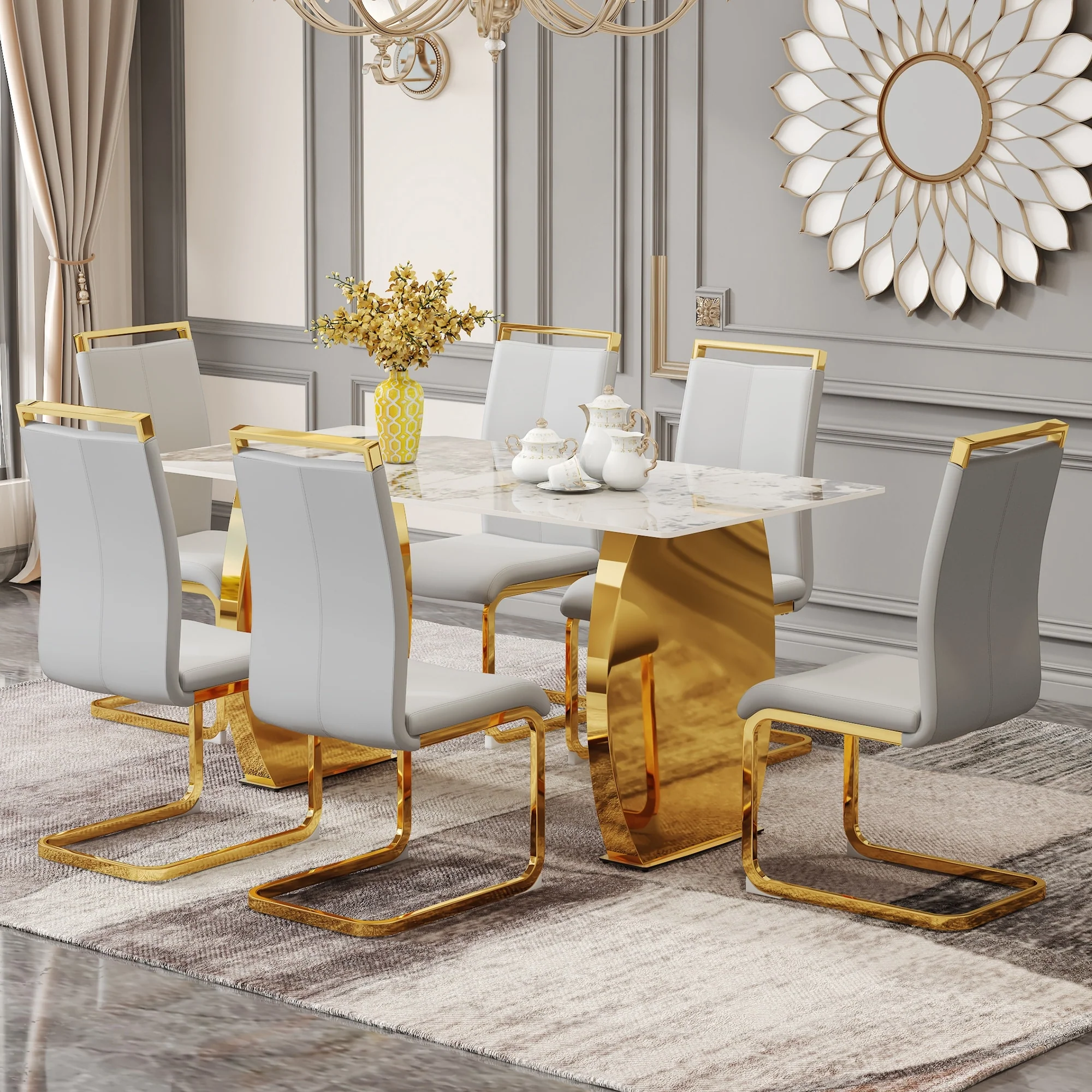 Modern Dining Table Set with Marble Pattern Table Top and PU High Back Upholstered Dining Chairs