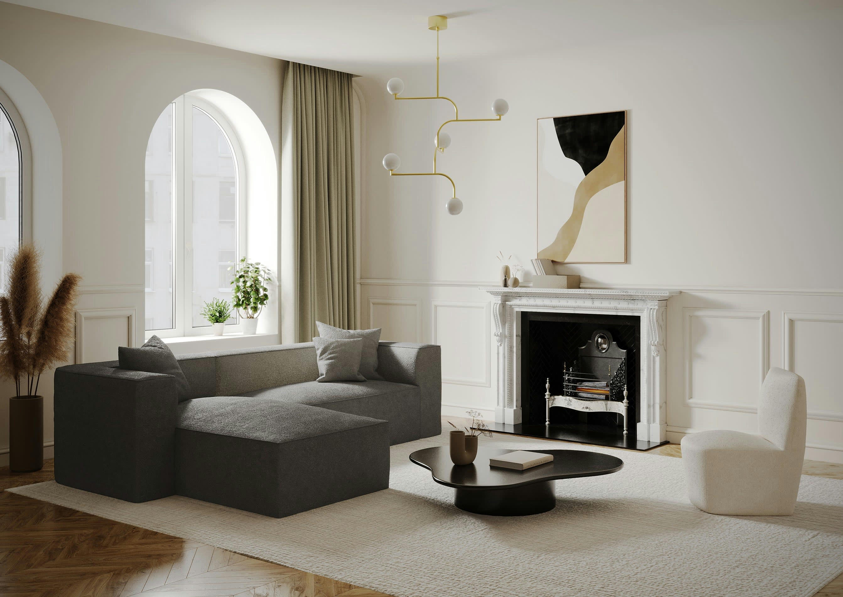 ALMA - Canapé d'angle gauche tissu bouclette gris graphite