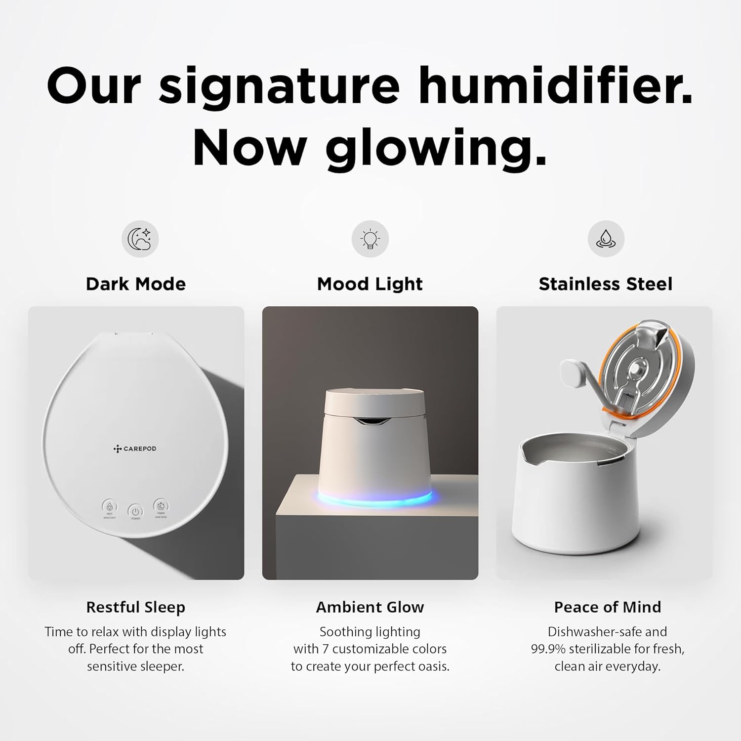 Carepod One Plus Stainless Steel Humidifier for Large Room with Mood Light, Quiet & Safe for Baby, Only 3 Washable Parts, Easy to Clean Ultrasonic Cool Mist Humidifiers for Bedroom for 30Hrs (1Gal/4L)