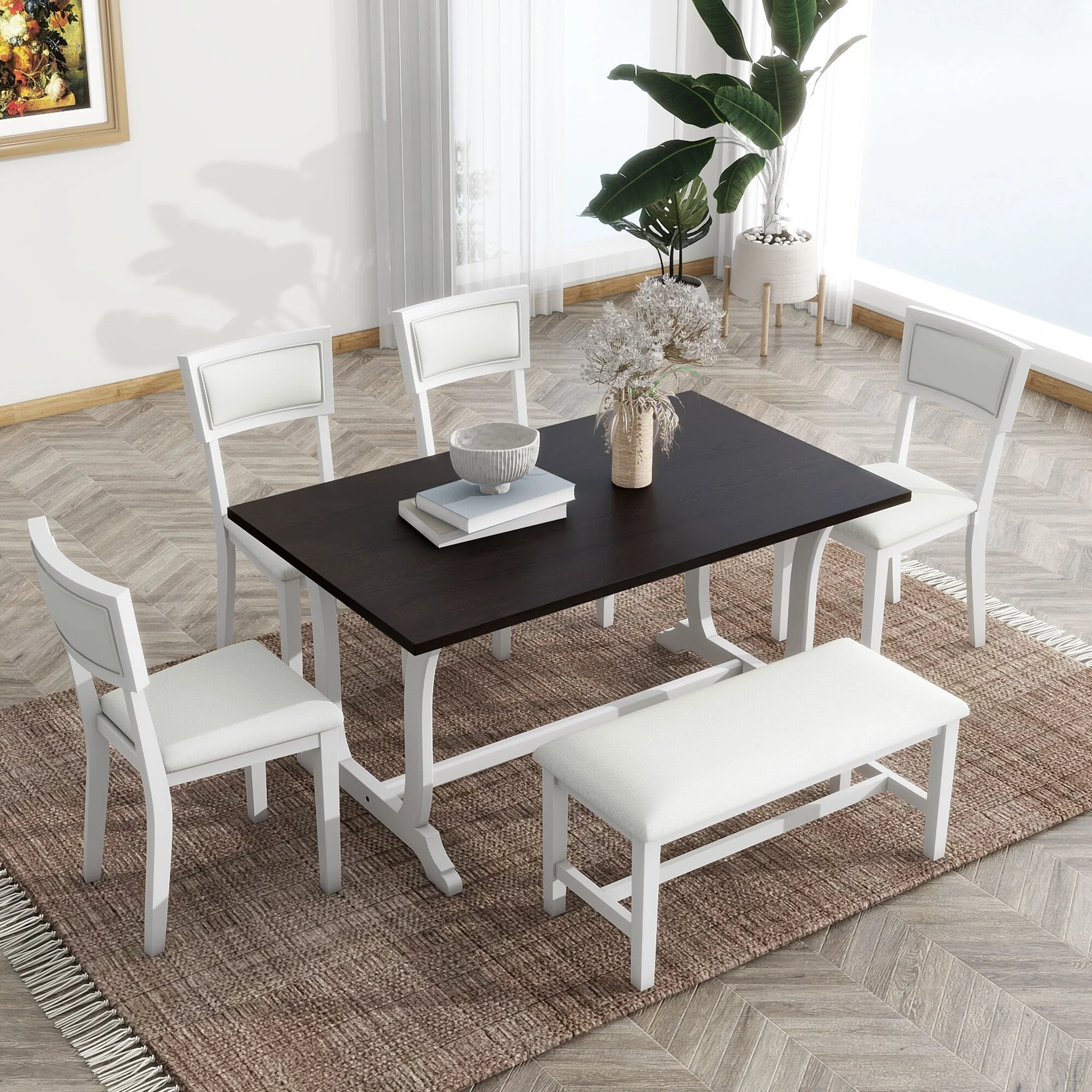 6-Piece Wooden Dining Table Set with 4 Chairs & Bench
