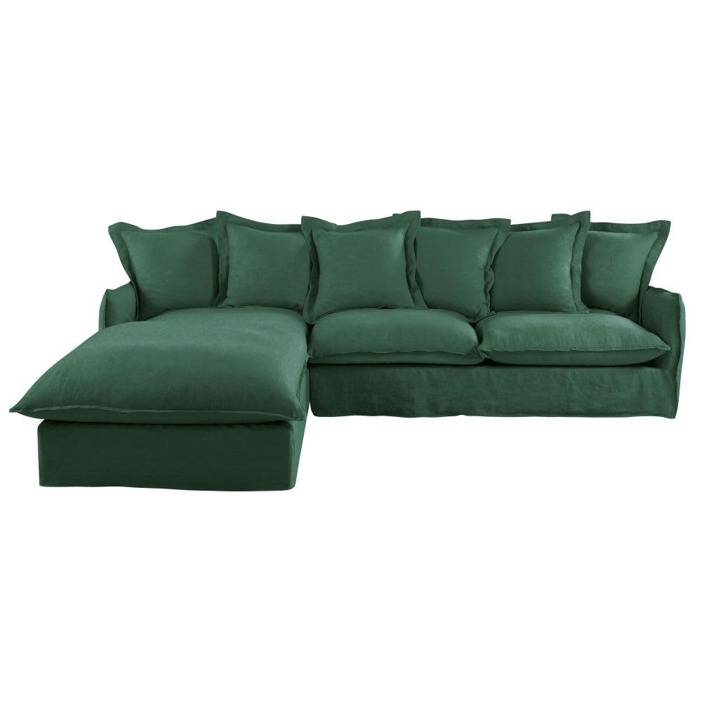 Barcelone - Canapé d'angle gauche 5/6 places en lin froissé vert