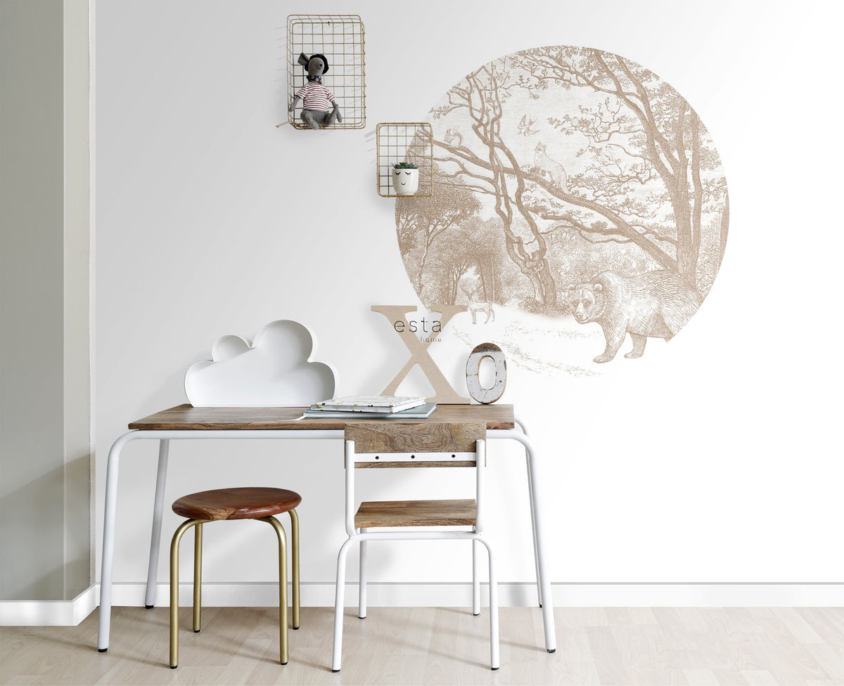 ESTAhome zelfklevende behangcirkel bos met bosdieren beige - Ø 70 cm - 159072