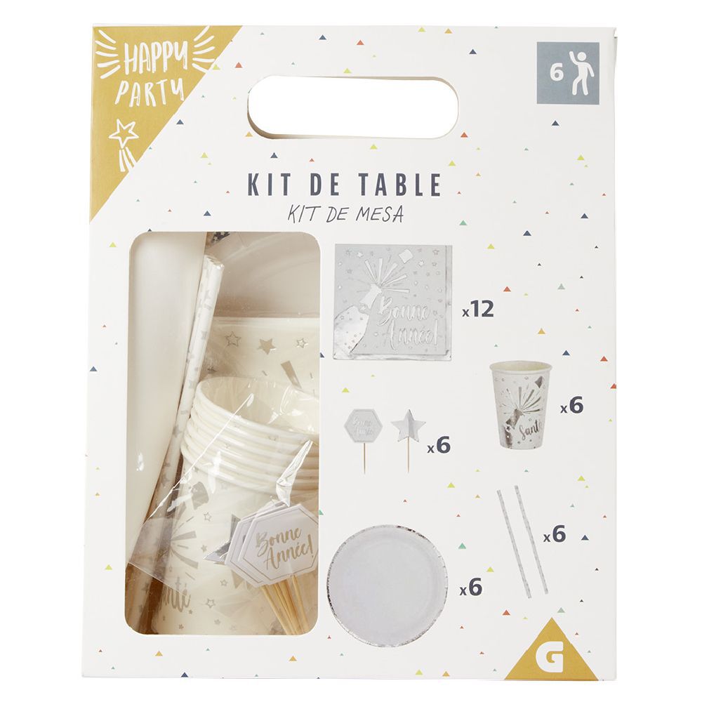 Kit jetable Bonne année vaisselle et accessoire 6 personnes argenté